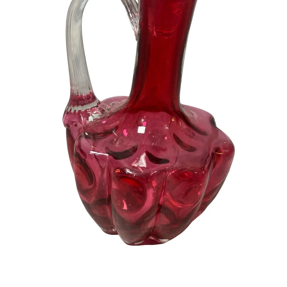 Vintage Cranberry Glass Thumbprint Cruet Decanter with Stopper Red 6in